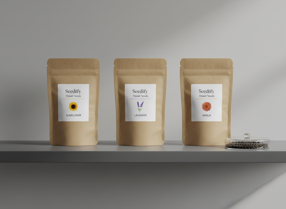 An elegant product grouping featuring three matte kraft-paper pouches of Seedlify flower seeds standing upright in a perfectly straight line on a smooth, charcoal-gray shelf. Each pouch has a precisely centered, minimalist white label with fine typography and a small, detailed illustration of the respective flower variety. To the side, a single, clear glass Petri dish holds an evenly spread sample of seeds, showcasing their uniform size and texture. The background is a softly gradient, neutral gray wall with no distractions. Controlled studio lighting from the upper left casts crisp, orderly shadows and subtle highlights along the paper creases. Shot at eye level with a centered, symmetrical composition and photographic realism, the mood is refined, trustworthy, and distinctly corporate, ideal for showcasing premium seed branding.