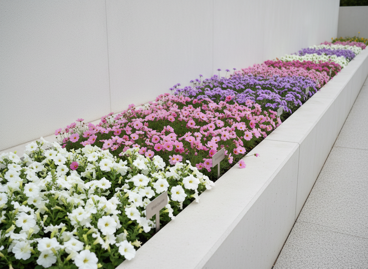 A long, raised garden bed constructed from smooth, light concrete borders, filled with meticulously maintained rows of flowering plants grown from Seedlify seeds. Each row displays a single flower variety in harmonious colors—soft whites, muted pinks, and gentle purples—organized in clear, linear patterns. Discreet metal plant markers with engraved labels stand at the start of each row. The bed is set against a minimalist, light-colored wall, with a clean gravel path running parallel. Overcast daylight provides diffused, shadowless illumination, preserving accurate color and texture without harsh contrast. Captured from a low, side angle, the leading lines of the bed draw the eye through the frame. The atmosphere is orderly and serene, emphasizing reliability, planning, and professional gardening outcomes in a photographic style.