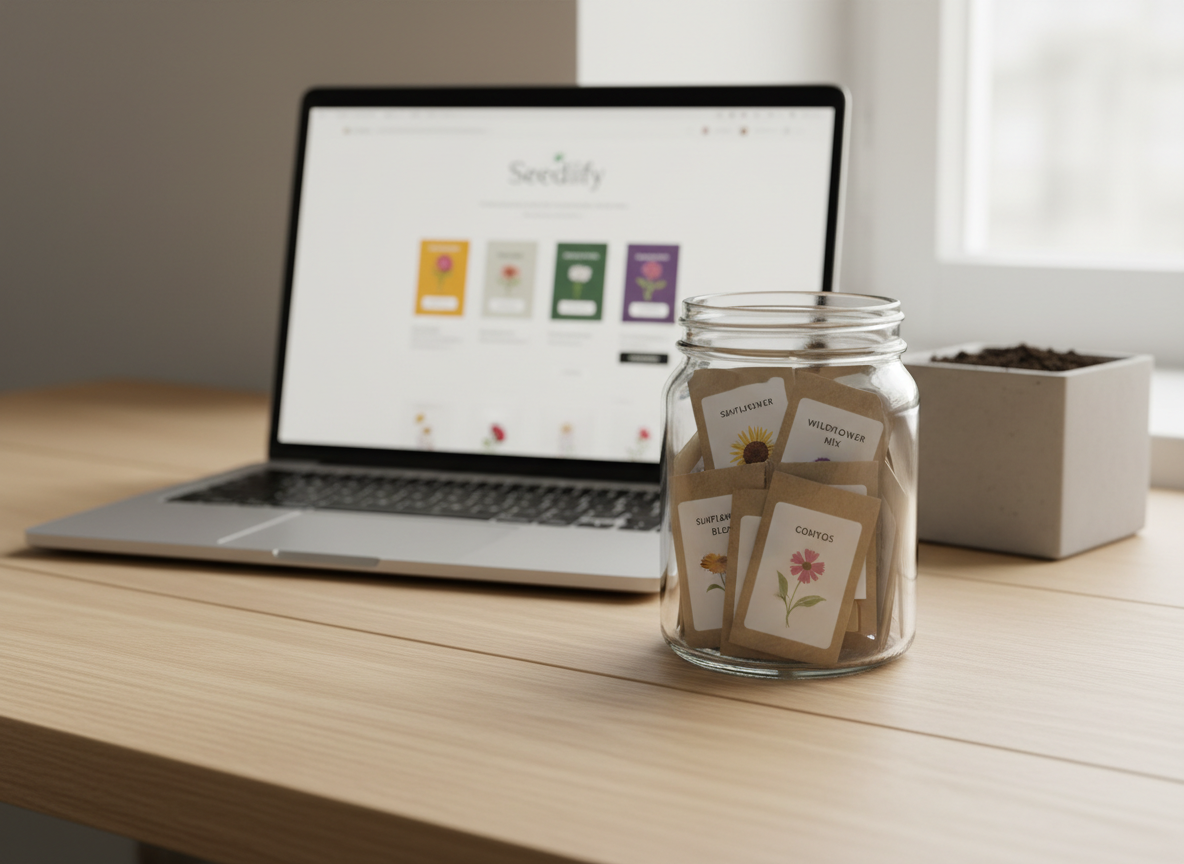 A close-up of a minimalist desktop workspace featuring a sleek silver laptop displaying a subtle, out-of-focus Seedlify product page, flanked by a single, elegant glass jar filled with perfectly labeled flower seed packets. The jar rests on a pale oak desk with a smooth, linear grain. In the background, a small, modern concrete planter with dark potting soil hints at gardening potential without drawing attention away from the seeds. Soft, natural window light from the right creates controlled highlights along metallic edges and understated shadows under the jar. The composition follows the rule of thirds with a shallow depth of field, emphasizing the jar and packets. The mood is calm, professional, and efficient, with a clean, photographic style ideal for an online seed business hero image.