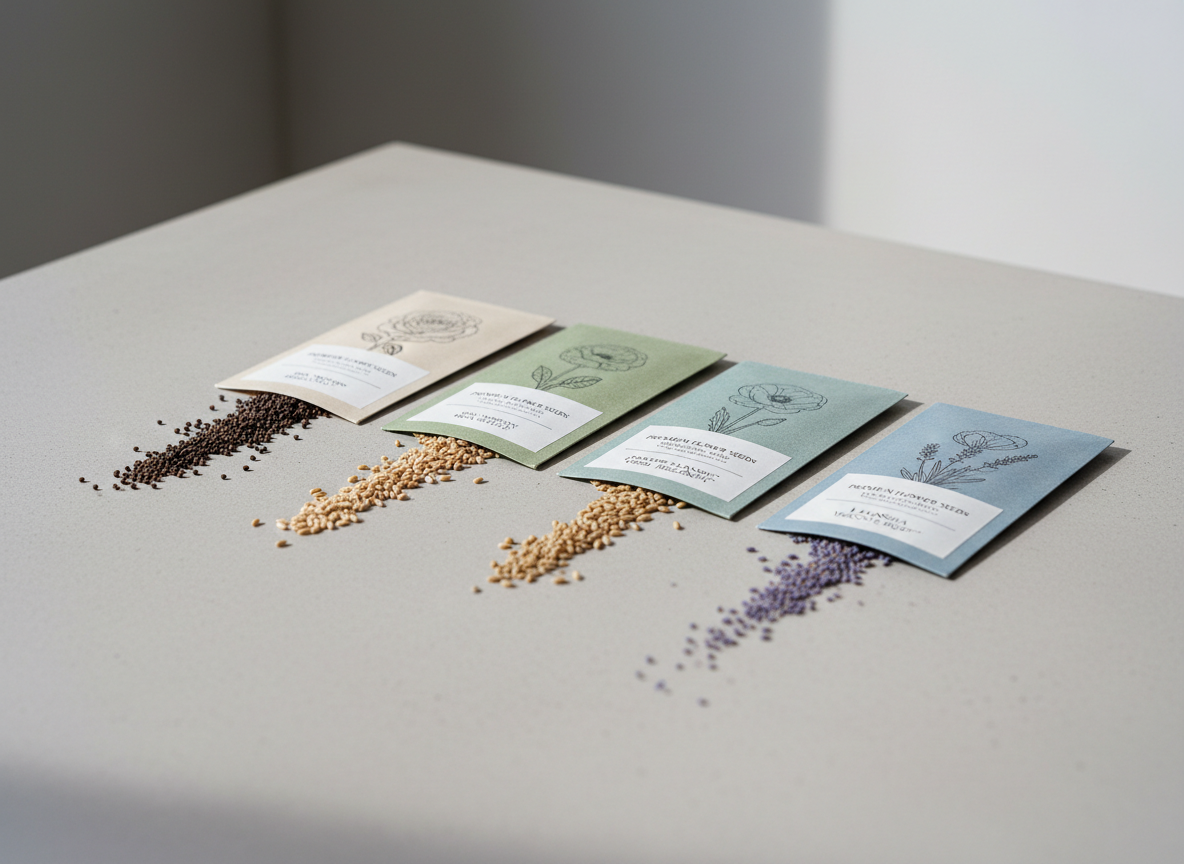 A neatly arranged selection of premium flower seed packets displayed on a smooth, light gray concrete tabletop, each packet featuring minimalist botanical illustrations and clear, structured labels. A few open packets allow small, uniform seeds to spill in tidy lines onto the surface, revealing varied textures and natural earthy tones. The background is a softly blurred neutral wall with subtle shadow gradients. Cool, diffused daylight from the left creates gentle highlights on the matte packaging and faint, crisp shadows for a clean, corporate look. Captured at eye level with a slight angle, sharp focus on the central packets, and a shallow depth of field, the composition is balanced and uncluttered, emphasizing professionalism and product quality in a photographic, modern style.